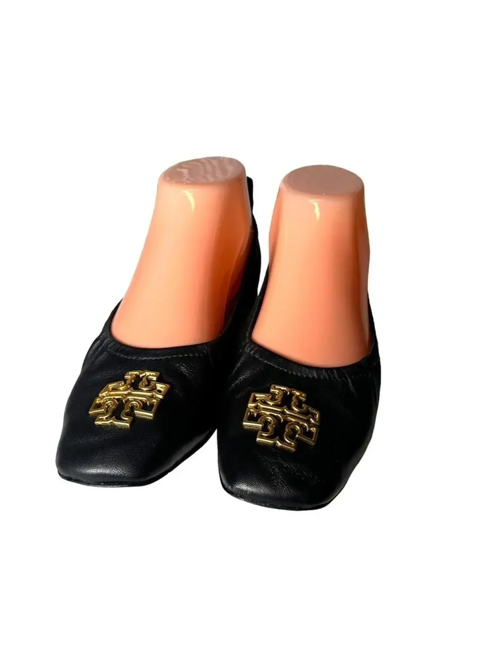 Tory Burch Britten Leather Ballet Flats Black Gold Logo 5.5M